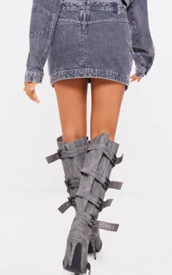 Online PrettyLittleThing Washed Curved Hem Denim Mini Skirt Grey