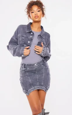 Online PrettyLittleThing Washed Curved Hem Denim Mini Skirt Grey