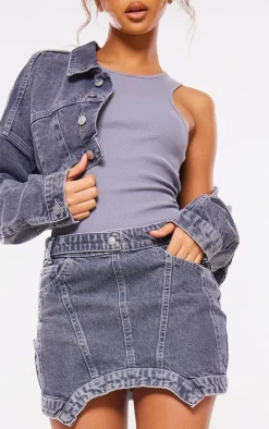 Online PrettyLittleThing Washed Curved Hem Denim Mini Skirt Grey