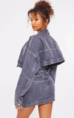 Online PrettyLittleThing Washed Curved Hem Denim Jacket Grey