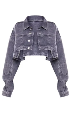 Online PrettyLittleThing Washed Curved Hem Denim Jacket Grey