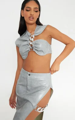 PrettyLittleThing Washed Faux Leather Chain Detail Asymmetric Top Grey