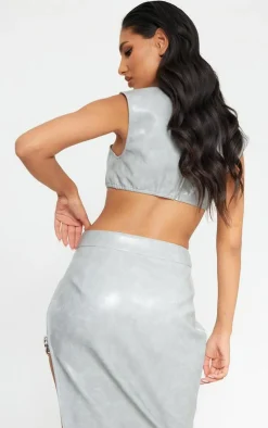 PrettyLittleThing Washed Faux Leather Chain Detail Asymmetric Top Grey