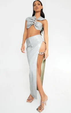 PrettyLittleThing Washed Faux Leather Chain Detail Asymmetric Top Grey
