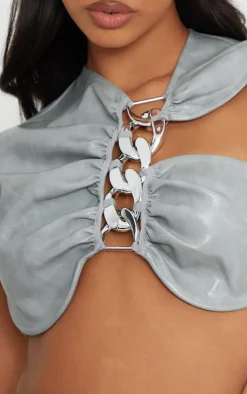 PrettyLittleThing Washed Faux Leather Chain Detail Asymmetric Top Grey
