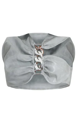 PrettyLittleThing Washed Faux Leather Chain Detail Asymmetric Top Grey