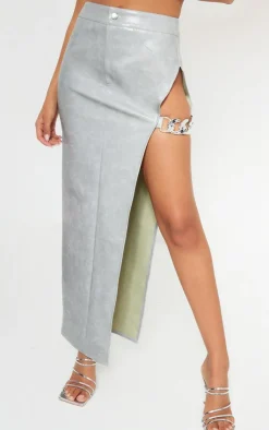 New PrettyLittleThing Washed Faux Leather Chain Detail Extreme Split Midaxi Skirt Grey