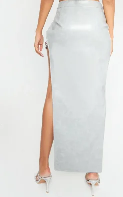 New PrettyLittleThing Washed Faux Leather Chain Detail Extreme Split Midaxi Skirt Grey