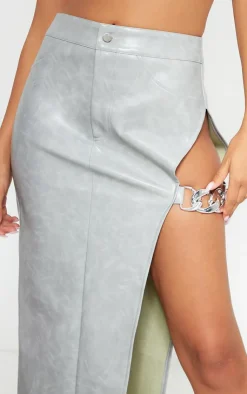 New PrettyLittleThing Washed Faux Leather Chain Detail Extreme Split Midaxi Skirt Grey