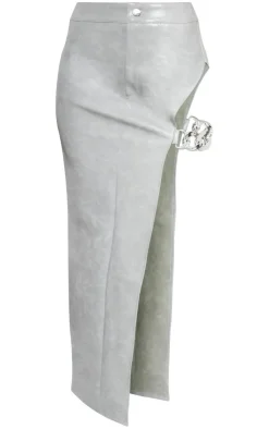 New PrettyLittleThing Washed Faux Leather Chain Detail Extreme Split Midaxi Skirt Grey