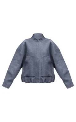 Grey Wool Look Longline Bomber Jacket