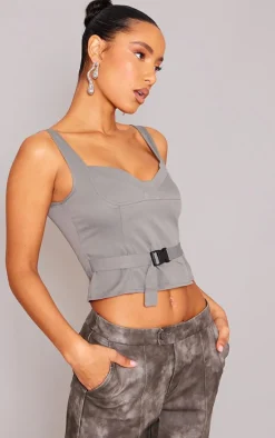 Grey Woven Bust Detail Buckle Front Top