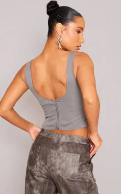 Grey Woven Bust Detail Buckle Front Top