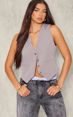 PrettyLittleThing Sleeveless Tops*Woven Striped Fitted Vest