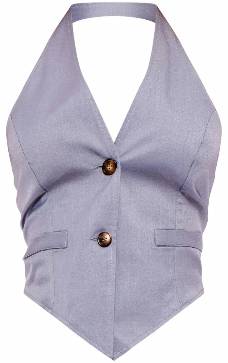 Sale PrettyLittleThing Woven Tailored Halterneck Vest Grey
