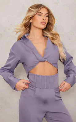 Outlet PrettyLittleThing Woven Twist Front Detail Long Sleeve Cropped Shirt Grey