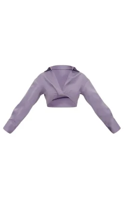 Outlet PrettyLittleThing Woven Twist Front Detail Long Sleeve Cropped Shirt Grey