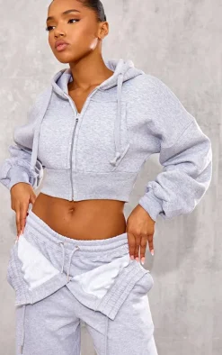 Grey Zip Up Pocket Detail Cropped Hoodie