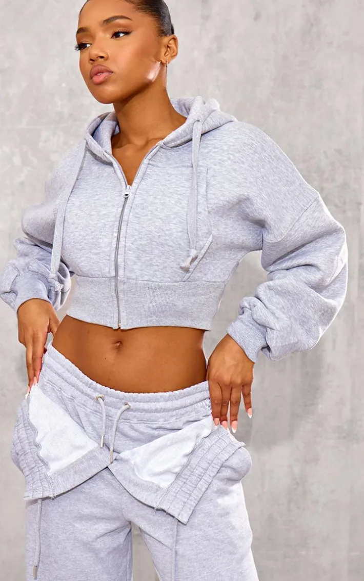 Grey Zip Up Pocket Detail Cropped Hoodie