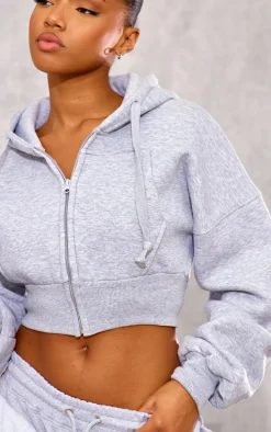 Grey Zip Up Pocket Detail Cropped Hoodie