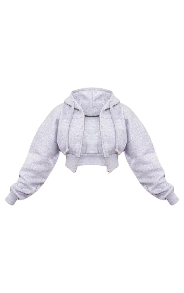 Grey Zip Up Pocket Detail Cropped Hoodie