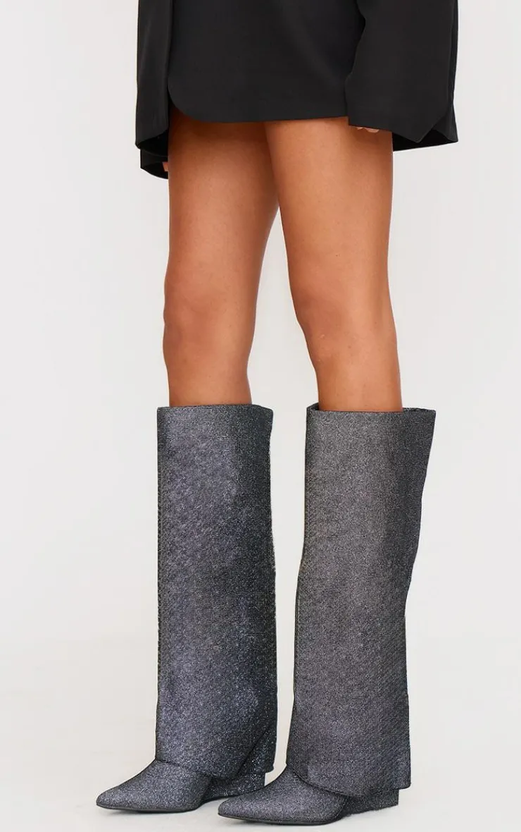 PrettyLittleThing Knee High Boots*Diamante Point Toe Fold Over Wedged Knee High Boots