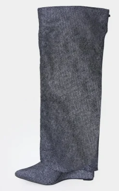 PrettyLittleThing Knee High Boots*Diamante Point Toe Fold Over Wedged Knee High Boots