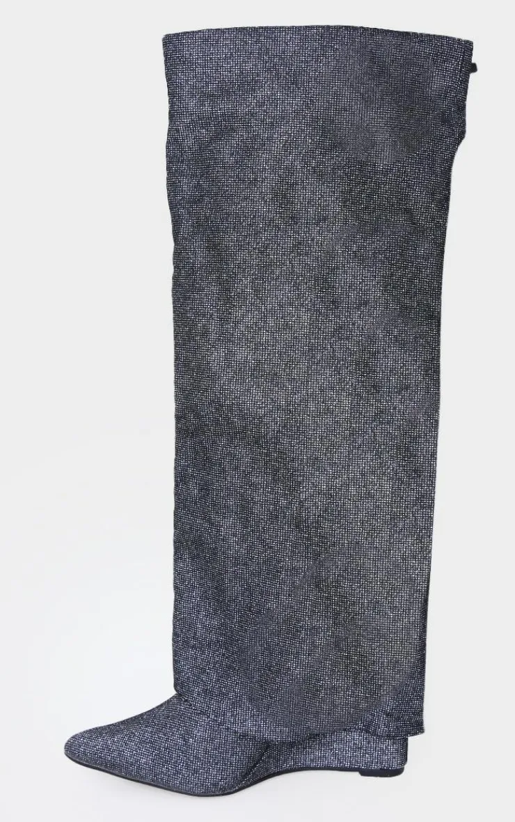 PrettyLittleThing Knee High Boots*Diamante Point Toe Fold Over Wedged Knee High Boots