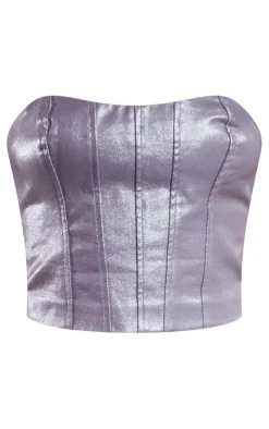 New PrettyLittleThing Glitter Coated Denim Corset Seam Detail Top Gunmetal