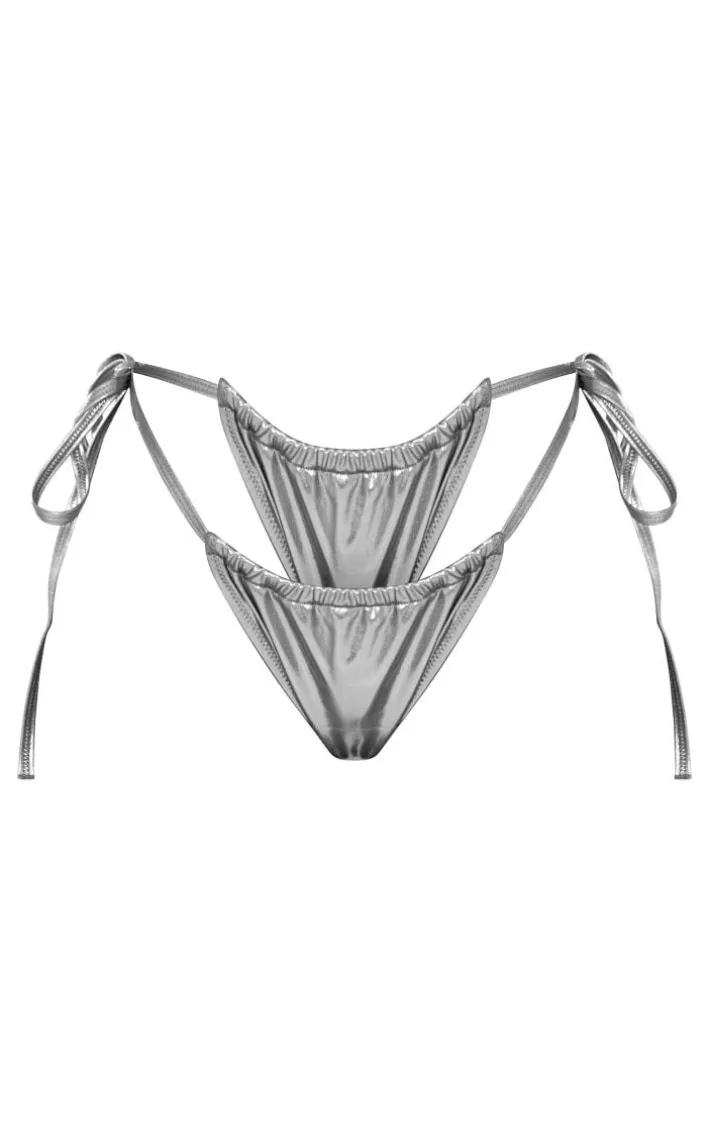 Gunmetal Metallic Adjustable String Tie Bikini Bottoms