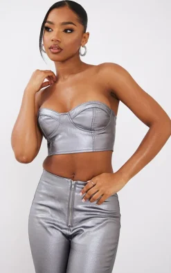 Gunmetal Metallic Look Coated Denim Bandeau Top