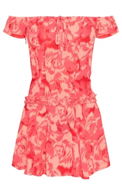 Abstract Print Frill Bardot Shift Dress-PrettyLittleThing Outlet