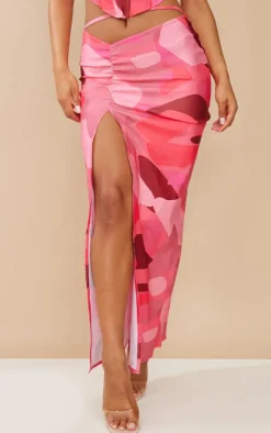 New PrettyLittleThing Abstract Printed Split Maxi Skirt Hot Pink