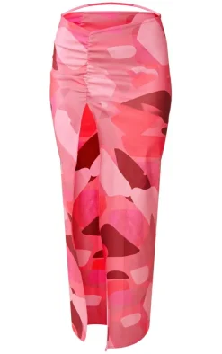 New PrettyLittleThing Abstract Printed Split Maxi Skirt Hot Pink