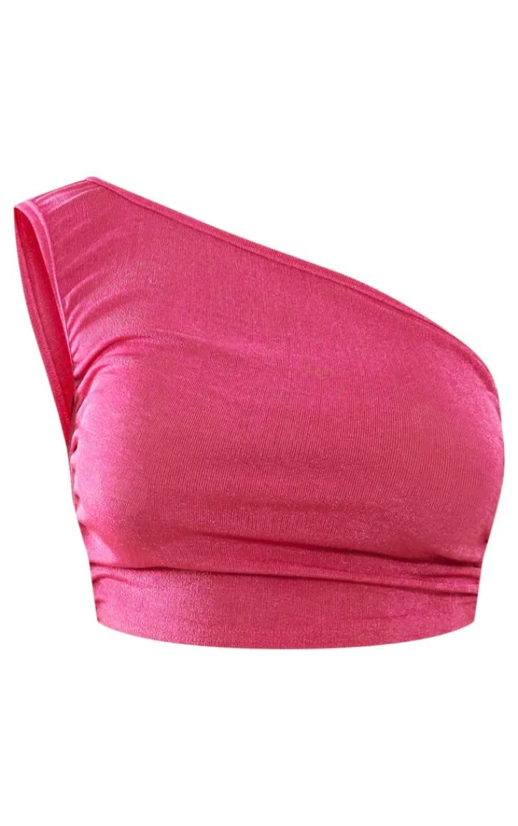 Hot PrettyLittleThing Acetate Slinky One Shoulder Ruched Top Hot Pink