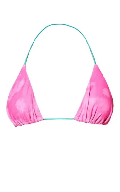 Hot Pink Acid Wash Contrast Tie Triangle Bikini Top
