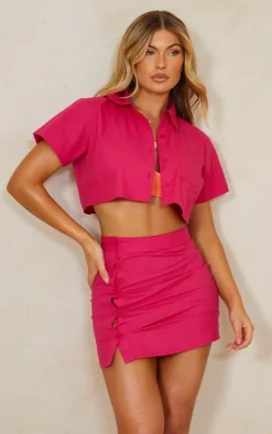 Clearance PrettyLittleThing Boxy Cropped Pocket Front Shirt Hot Pink