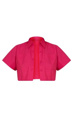 Clearance PrettyLittleThing Boxy Cropped Pocket Front Shirt Hot Pink