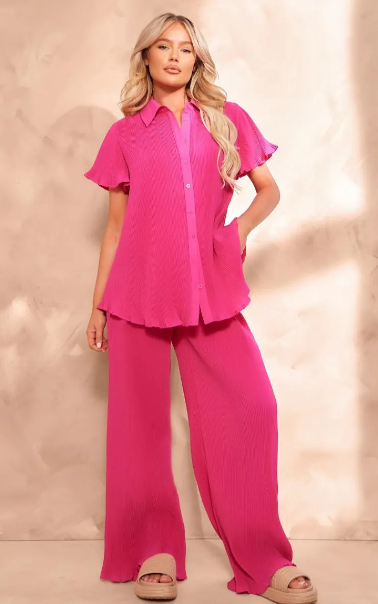 Best PrettyLittleThing Chiffon Plisse Oversized Wide Leg Pants Hot Pink