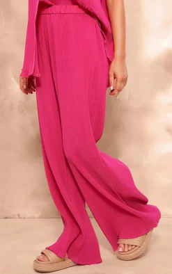 Best PrettyLittleThing Chiffon Plisse Oversized Wide Leg Pants Hot Pink