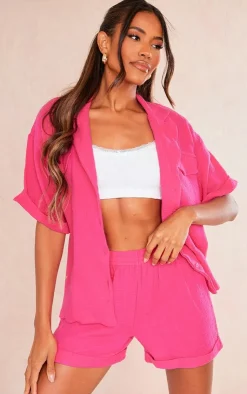 Hot PrettyLittleThing Cotton Cheesecloth Pocket Front Oversized Boxy Short Sleeved Shirt Hot Pink