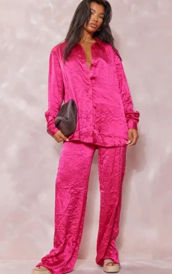Discount PrettyLittleThing Crinkle Textured Satin Floaty Wide Leg Pants Hot Pink