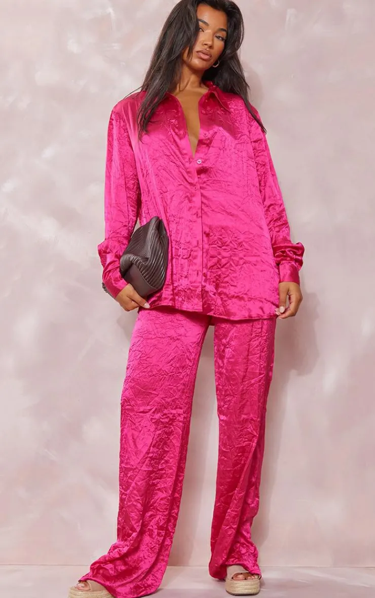 Discount PrettyLittleThing Crinkle Textured Satin Floaty Wide Leg Pants Hot Pink