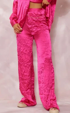 Discount PrettyLittleThing Crinkle Textured Satin Floaty Wide Leg Pants Hot Pink