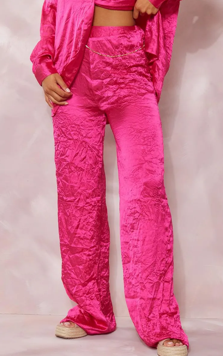 Discount PrettyLittleThing Crinkle Textured Satin Floaty Wide Leg Pants Hot Pink