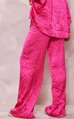 Discount PrettyLittleThing Crinkle Textured Satin Floaty Wide Leg Pants Hot Pink