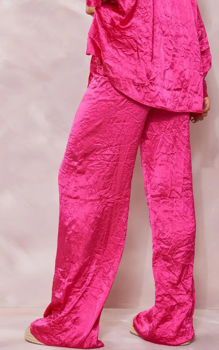 Discount PrettyLittleThing Crinkle Textured Satin Floaty Wide Leg Pants Hot Pink