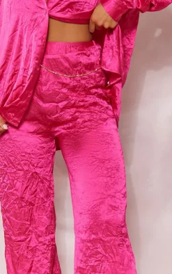 Discount PrettyLittleThing Crinkle Textured Satin Floaty Wide Leg Pants Hot Pink