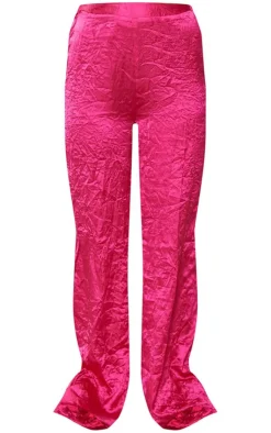 Discount PrettyLittleThing Crinkle Textured Satin Floaty Wide Leg Pants Hot Pink