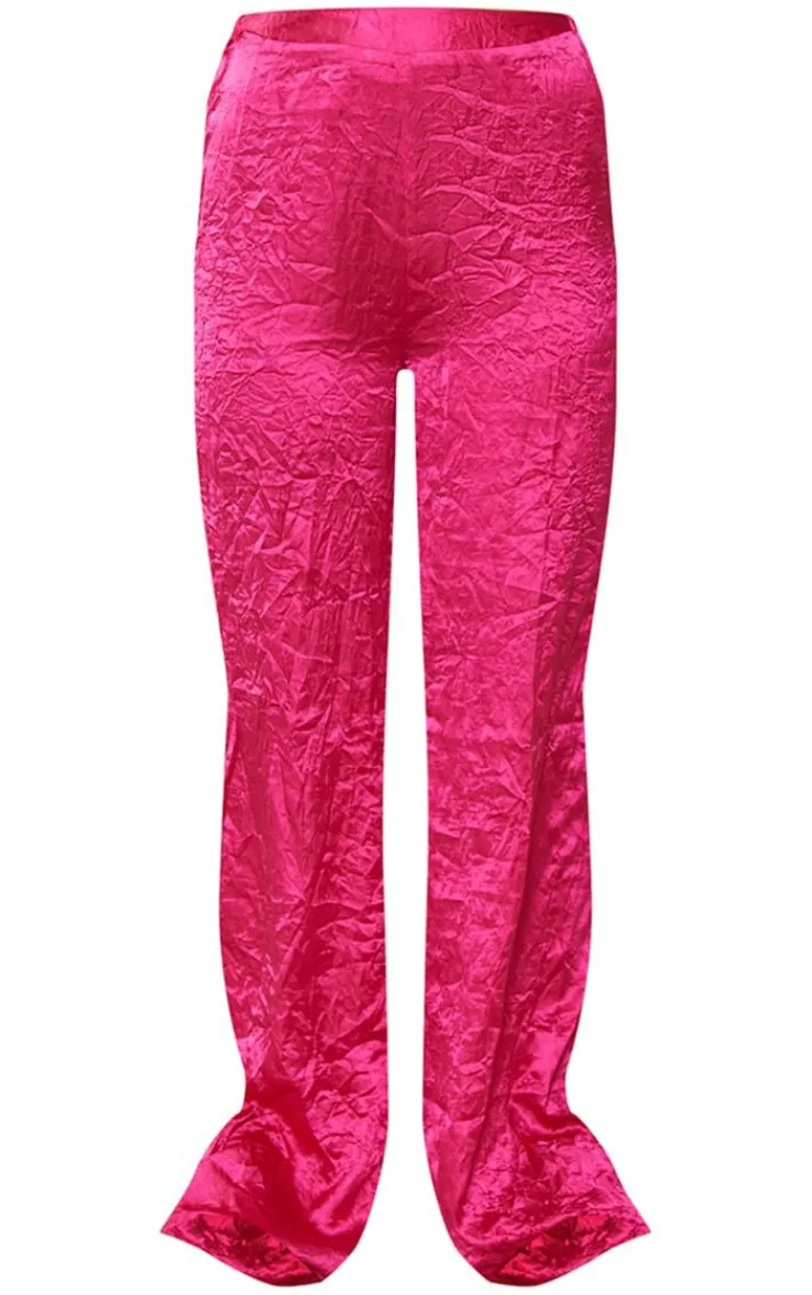 Discount PrettyLittleThing Crinkle Textured Satin Floaty Wide Leg Pants Hot Pink